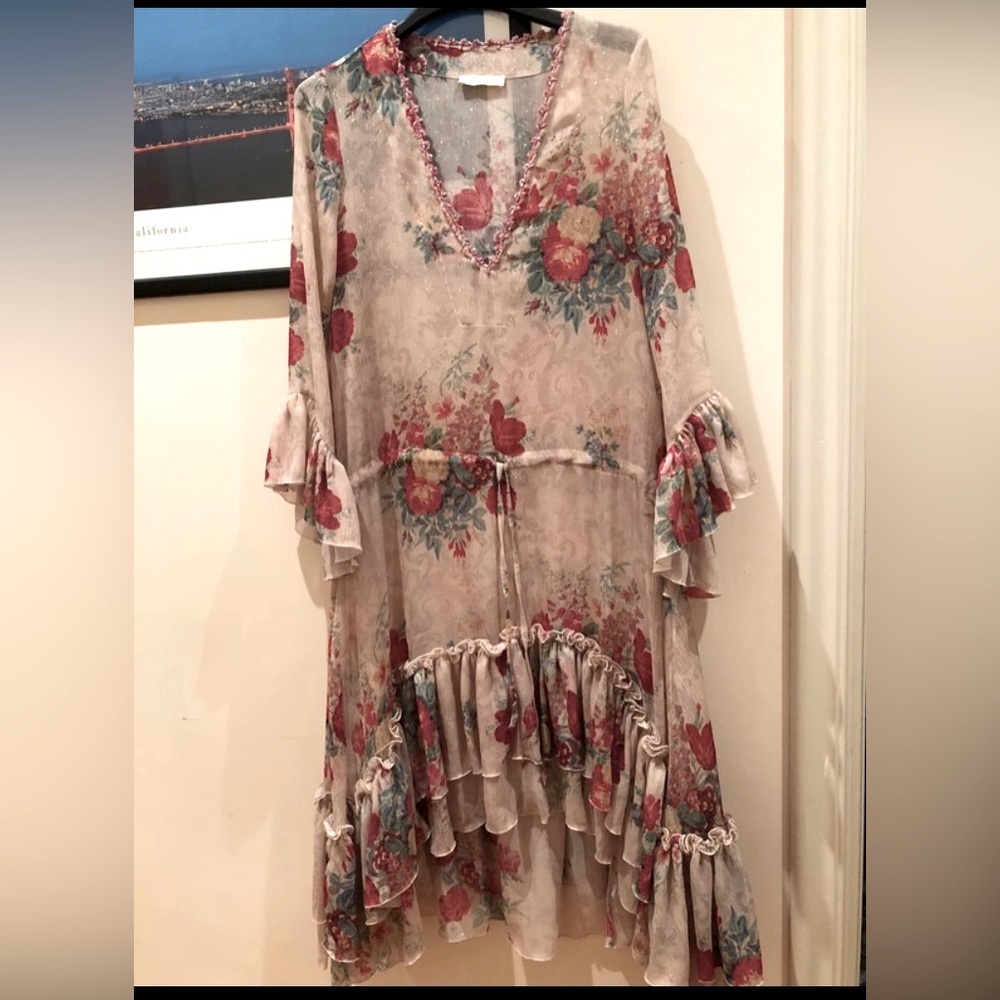 Anjuna floral silk v-neck tie-waist dress XS
